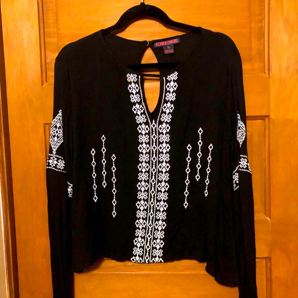 Rock & Roll Cowgirl Black Top with Embroidery